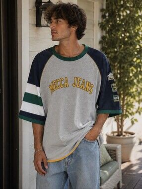 Over Sized mecca Grey Raglan Tee with Navy, Green & Yellow Accents